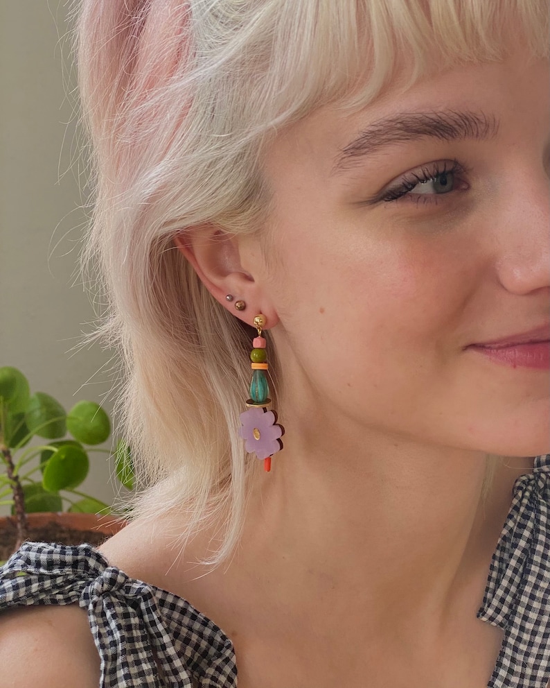 Flower Beaded Statement Earrings Mismatched Earrings Etsy