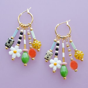 Colorful dangle earrings, Beaded charm earrings, Flower hoop earrings, daisy dangle , dangle huggie hoops, statement earrings, bright hoops image 1