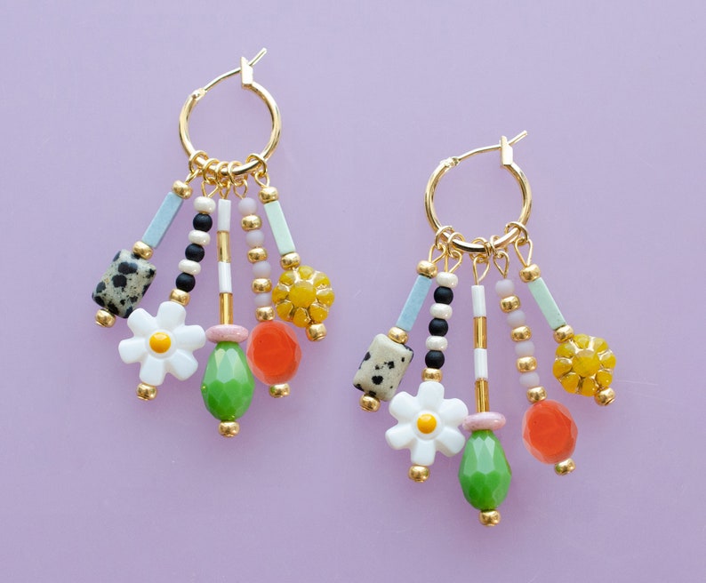 Colorful dangle earrings, Beaded charm earrings, Flower hoop earrings, daisy dangle , dangle huggie hoops, statement earrings, bright hoops image 1