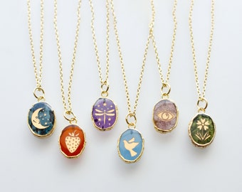 Collier avec pierres de naissance, collier colombe, collier fraise, collier céleste, collier de fleurs, collier libellule, collier mauvais œil