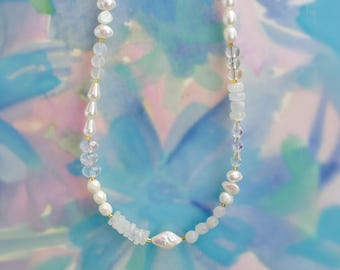 Handmade Pearl and  Moonstone Beaded Necklace, White Beaded Statement Necklace