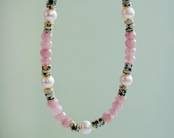Hand-Made Pink Pearl Beaded Necklace, Danity Rose Pearl and Dalmatian Necklace