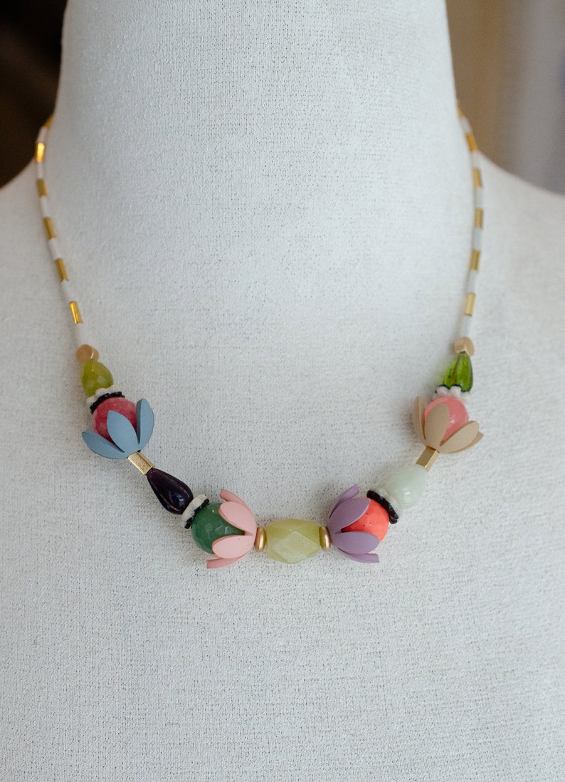 Colorful Beaded Necklace Flower Beaded Necklace Multicolored Etsy