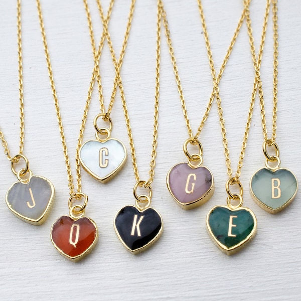 Personalized heart initial necklace, Valentines day gift, Gemstone initial pendant, dainty necklace, Mom necklace, everyday necklace