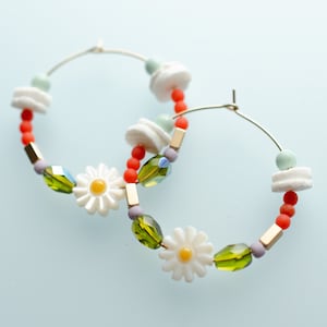 Flower Beaded hoops, gold filled hoop earrings, beaded earrings, flower statement earrings, mother of pearl earrings, gold hoop earrings,