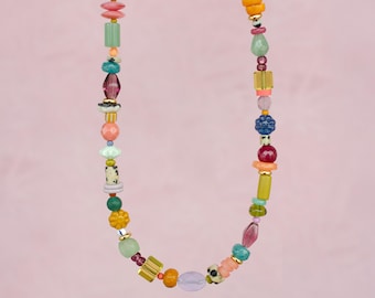 Colorful Beaded Flower Necklace, Gemstone Czech Glass Necklace, Mixed Bead Necklace, Handmade Necklace