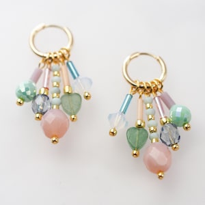 Pastel dangle earrings, Beaded charm earrings, Pearl hoop earrings, dangle huggie hoops, statement earrings, gemstone earrings, Pearl dangle