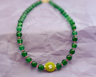 Emerald Green Beaded Necklace, Handmade Bold Gemstone and Glass Beaded Necklace
