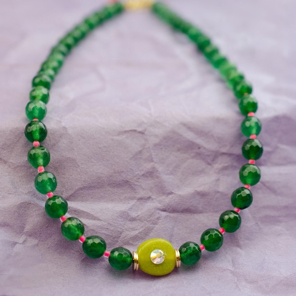 Emerald Green Beaded Necklace, Handmade Bold Gemstone and Glass Beaded Necklace