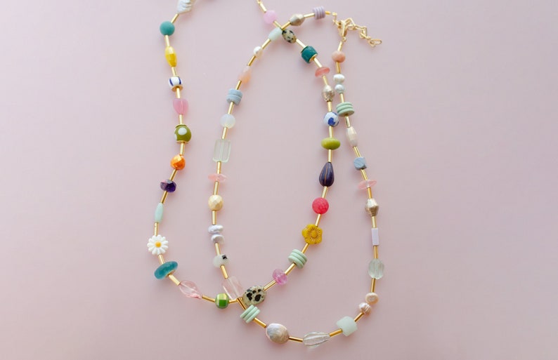 Colorful beaded friendship necklace, flower necklace, multicolored necklace, choker necklace, layering necklace, semiprecious bead necklace image 1