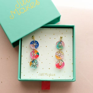 Rhinestone dangle earrings, handpainted earrings, colorful dangle earrings, acrylic dangle earrings, handmade earrings, statement earrings image 5