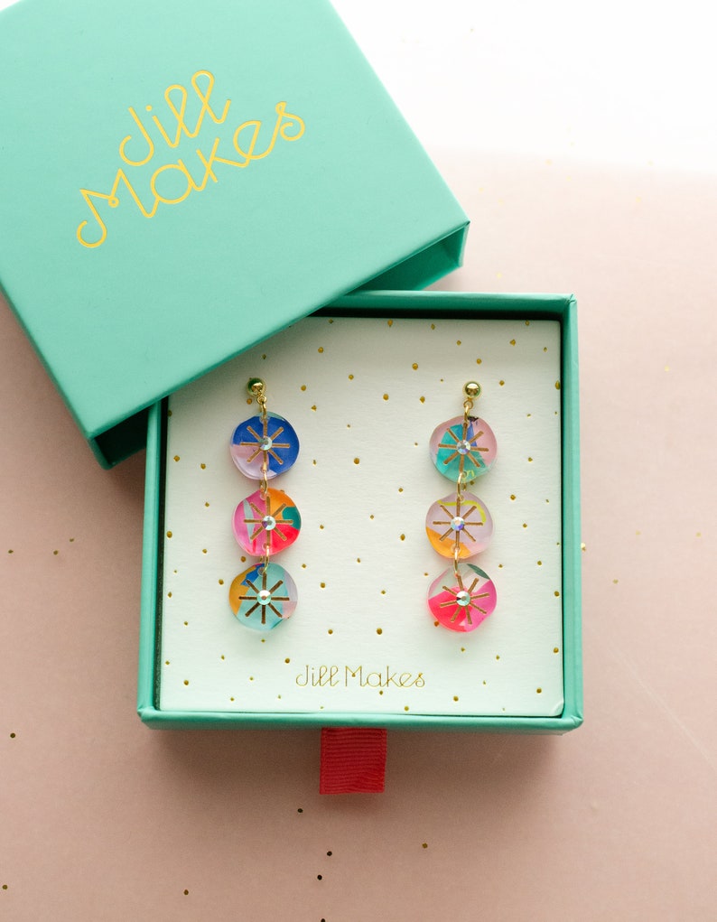 Rhinestone dangle earrings, handpainted earrings, colorful dangle earrings, acrylic dangle earrings, handmade earrings, statement earrings image 5