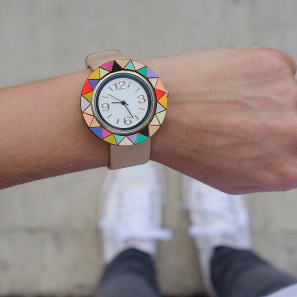 Handpainted Watches - Round -Triangles, gift for her, women's accessories, IN Stock - ships out in 5-7 days