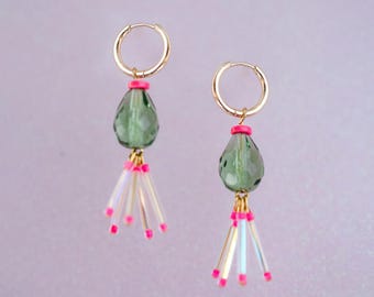 Pink and Green Dangle Hoop Earrings
