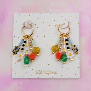 Colorful dangle earrings, Beaded charm earrings, Flower hoop earrings, daisy dangle , dangle huggie hoops, statement earrings, bright hoops image 2