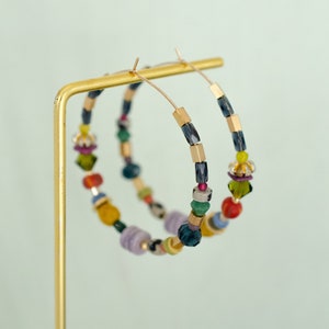 Gold filled beaded hoops, Fall earrings, Winter hoop earrings, Seed Beaded Earrings, Jewel toned hoops earrings, Lightweight earrings,
