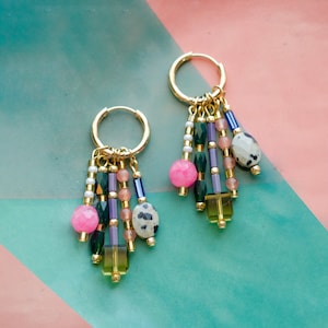 Colorful dangle earrings, Beaded charm earrings, Colorful hoop earrings, maximalism, dangle huggie hoops, statement earrings, bright hoops image 2