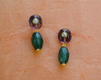Purple and Green Jade Drop Earrings, Glass and Gemstone Beaded Earrings, Dangle Earrings, Handmade Statement Earrings