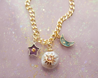 Celestial Pearl Charm Necklace, Sun Moon Star | Amethyst Pearl Labradorite | Gold Chain Celestial Jewelry