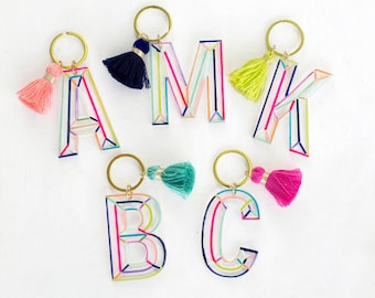 Initial keychain with tassel, Personalized Rainbow letter keychain, alphabet keychain personalized gift, custom keychain, colorful keychain