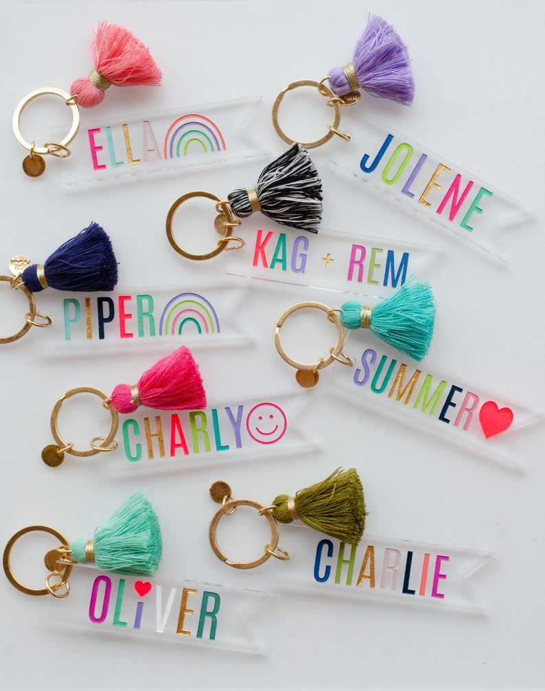 Personalized teachers gift, name keychain with tassel, custom name keychain, clear acrylic keychain, rainbow colored keychain, gift for her image 1