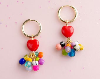 Colorful Heart Charm Hoop Earrings