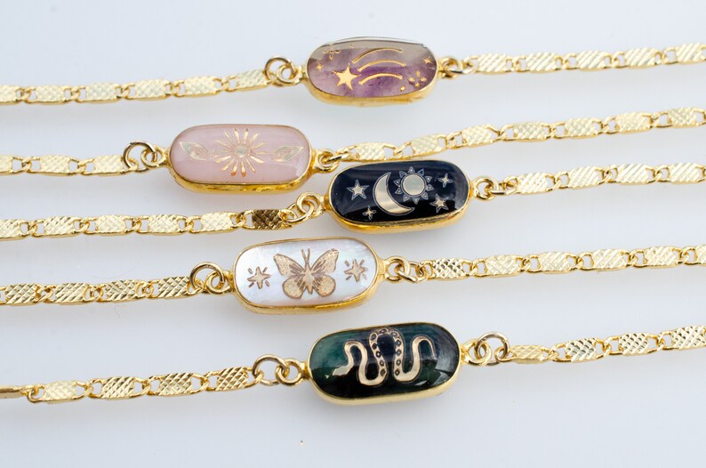 Gemstone chain bracelet, gold charm bracelet, gold pearl bracelet, dainty gold bracelet, celestial jewelry, natural stone bracelet, image 3