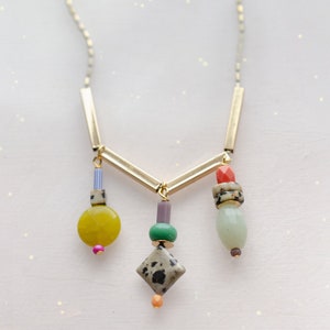 Herringbone Charm Necklace, natural stone necklace, beaded charm necklace, charm necklace, multicolored necklace, charm necklace image 1
