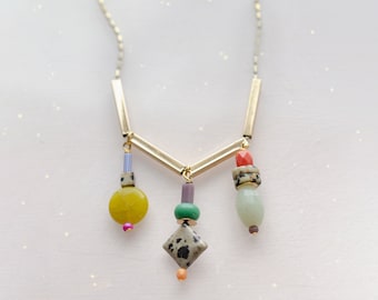 Herringbone Charm Necklace, natural stone necklace, beaded charm necklace, charm necklace, multicolored necklace, charm necklace