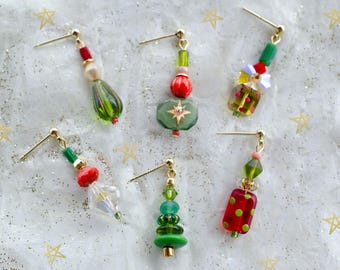Christmas Mix Match Dangle Statement Earrings, colorful beaded earrings, colorful jewelry, gift for her, beaded earrings