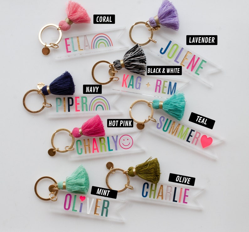 Personalized teachers gift, name keychain with tassel, custom name keychain, clear acrylic keychain, rainbow colored keychain, gift for her image 2