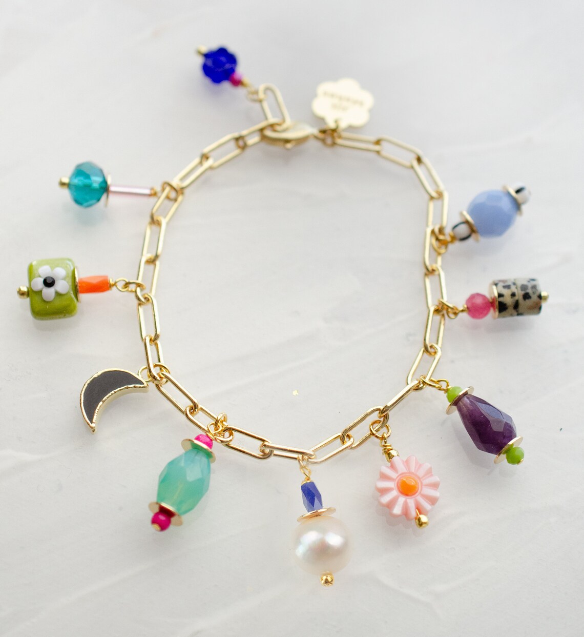 Pearl Charm Bracelet, Colorful Charm Bracelet, Moon Charm Bracelet ...