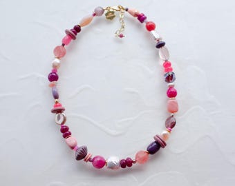 Pink and Purple Beaded Necklace, Gemstone & Pearl Statement Necklace, Colorful Gemstone Necklace