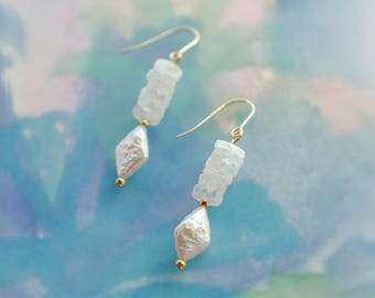 Moonstone & Mother of Pearl Drop Earrings, Gold Filled Pearl Earrings, Danity Minimal Jewelry