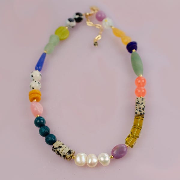 Colorful Pearl beaded necklace, multicolored beaded statement necklace, Rainbow jewelry, Colorful Gemstone Necklace, Colorblock Necklace