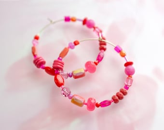 Red + Pink Beaded Hoops, Large Gold filled Hoops, Valentine's Day Earrings