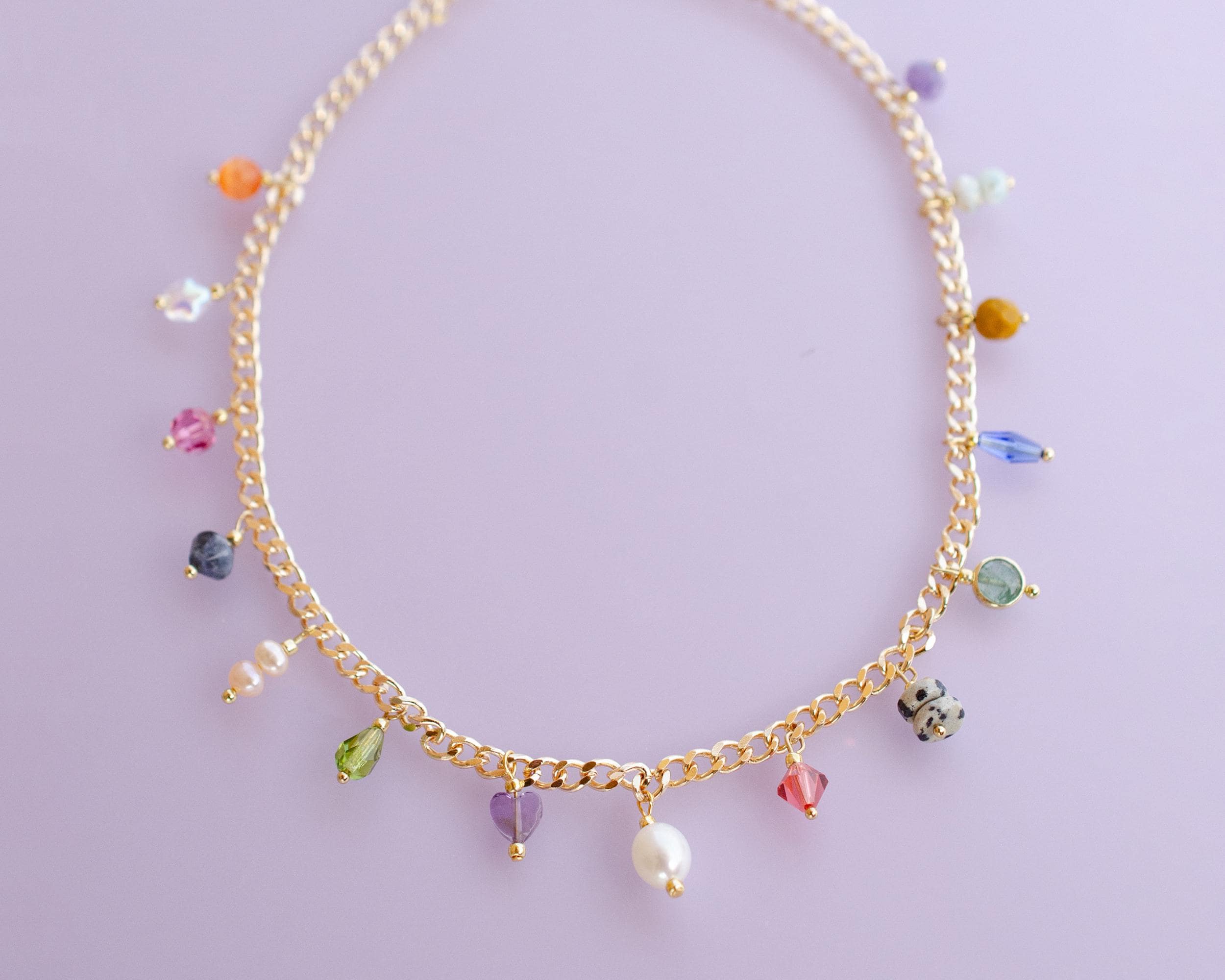 Gemstone Charm Necklace, Colorful Charm Necklace, Layering Jewelry, Necklace for friend, Pearl Beaded Necklace, Charm Necklace with Pearl
