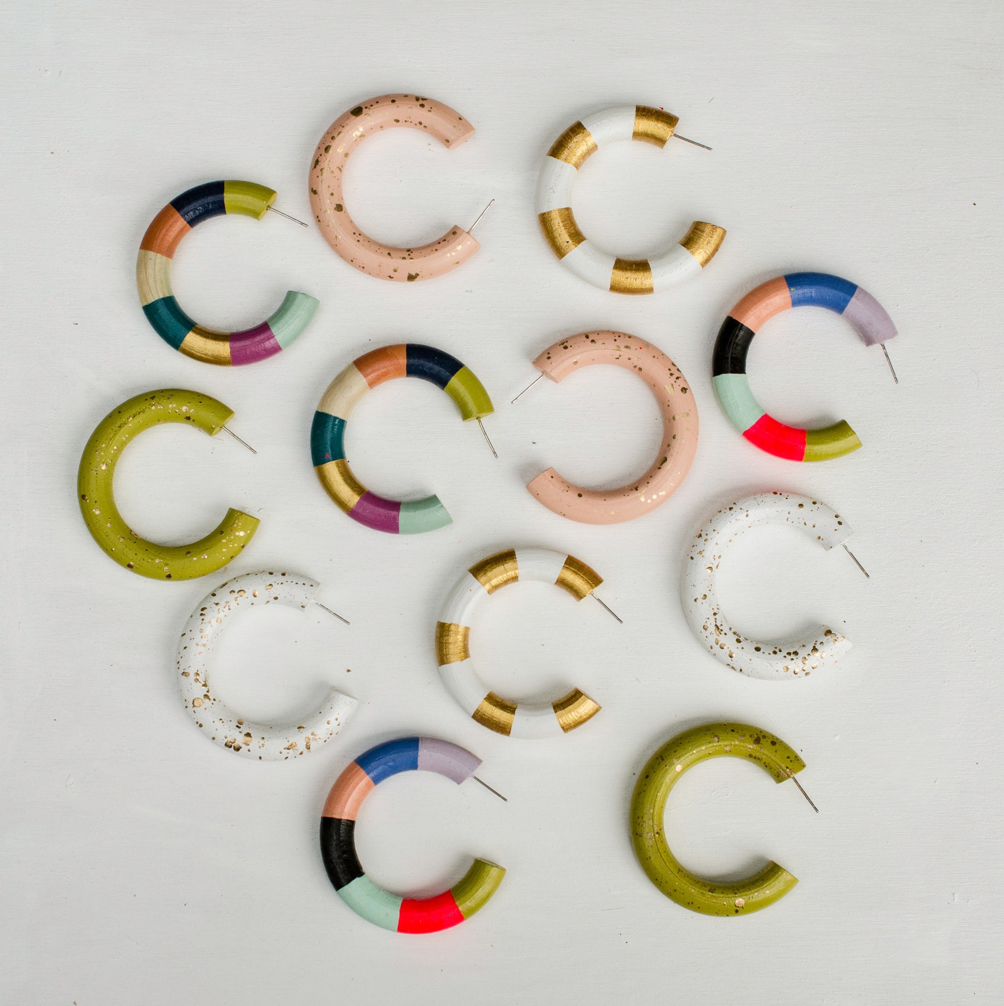 Colorful hoop earrings stripe hoops handpainted wooden | Etsy