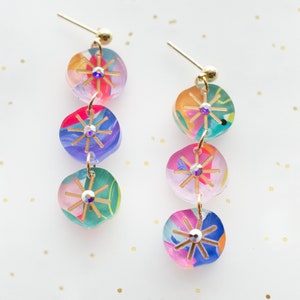 Rhinestone dangle earrings, handpainted earrings, colorful dangle earrings, acrylic dangle earrings, handmade earrings, statement earrings