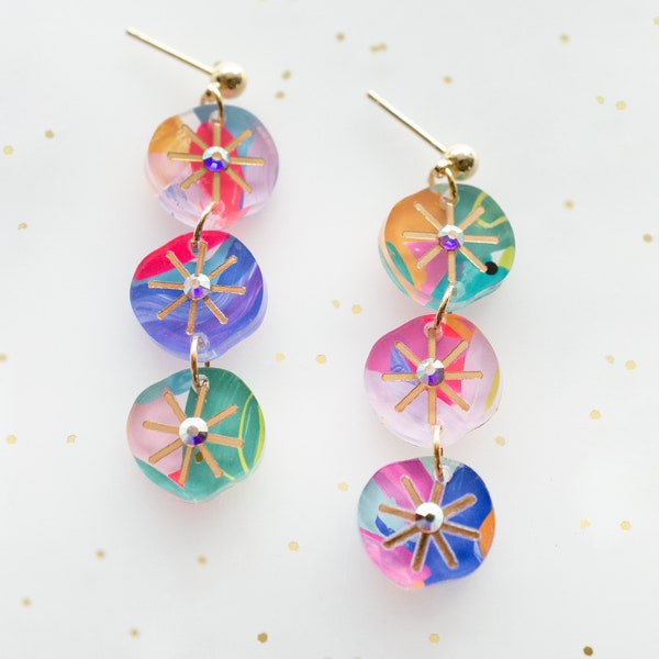 Rhinestone dangle earrings, handpainted earrings, colorful dangle earrings, acrylic dangle earrings, handmade earrings, statement earrings