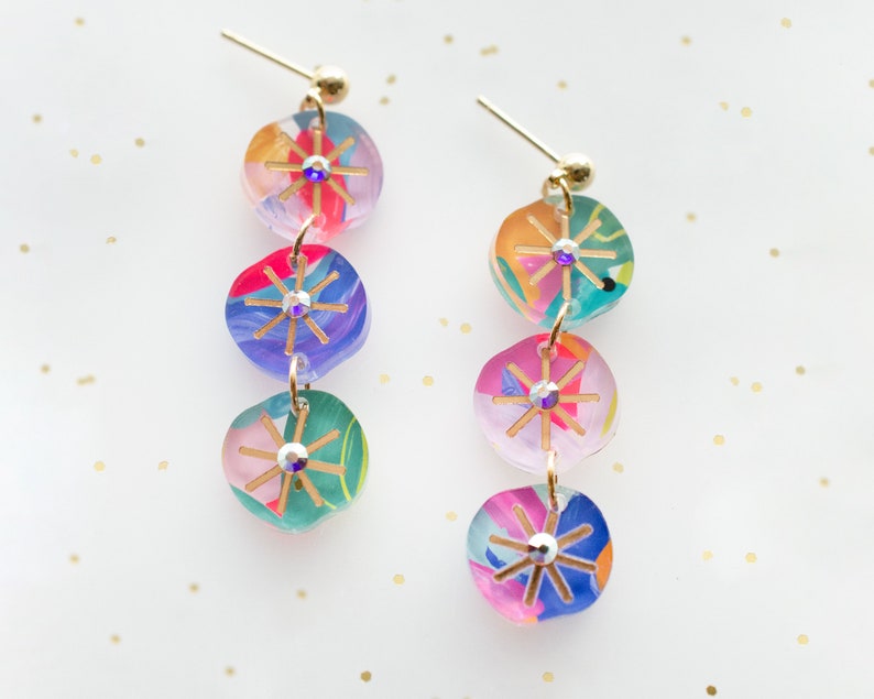 Rhinestone dangle earrings, handpainted earrings, colorful dangle earrings, acrylic dangle earrings, handmade earrings, statement earrings image 1