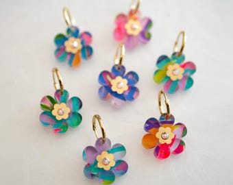 Colorful handpainted flower earrings, Handmade Bold statement Hoop Earrings