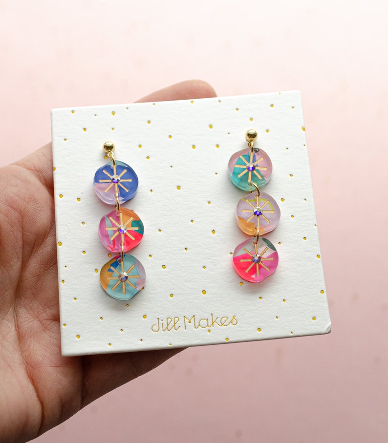 Rhinestone dangle earrings, handpainted earrings, colorful dangle earrings, acrylic dangle earrings, handmade earrings, statement earrings image 4