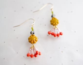Gold Filled Mustard Flower Earrings, Czech Glass Dangle Earrings, Dalmatian Jasper Jewelry