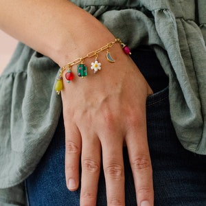 Colorful charm bracelet, gold charm bracelet, multi charm bracelet, handmade bracelet,Celestial charm Bracelet, Flower bracelet, moon charm 画像 2