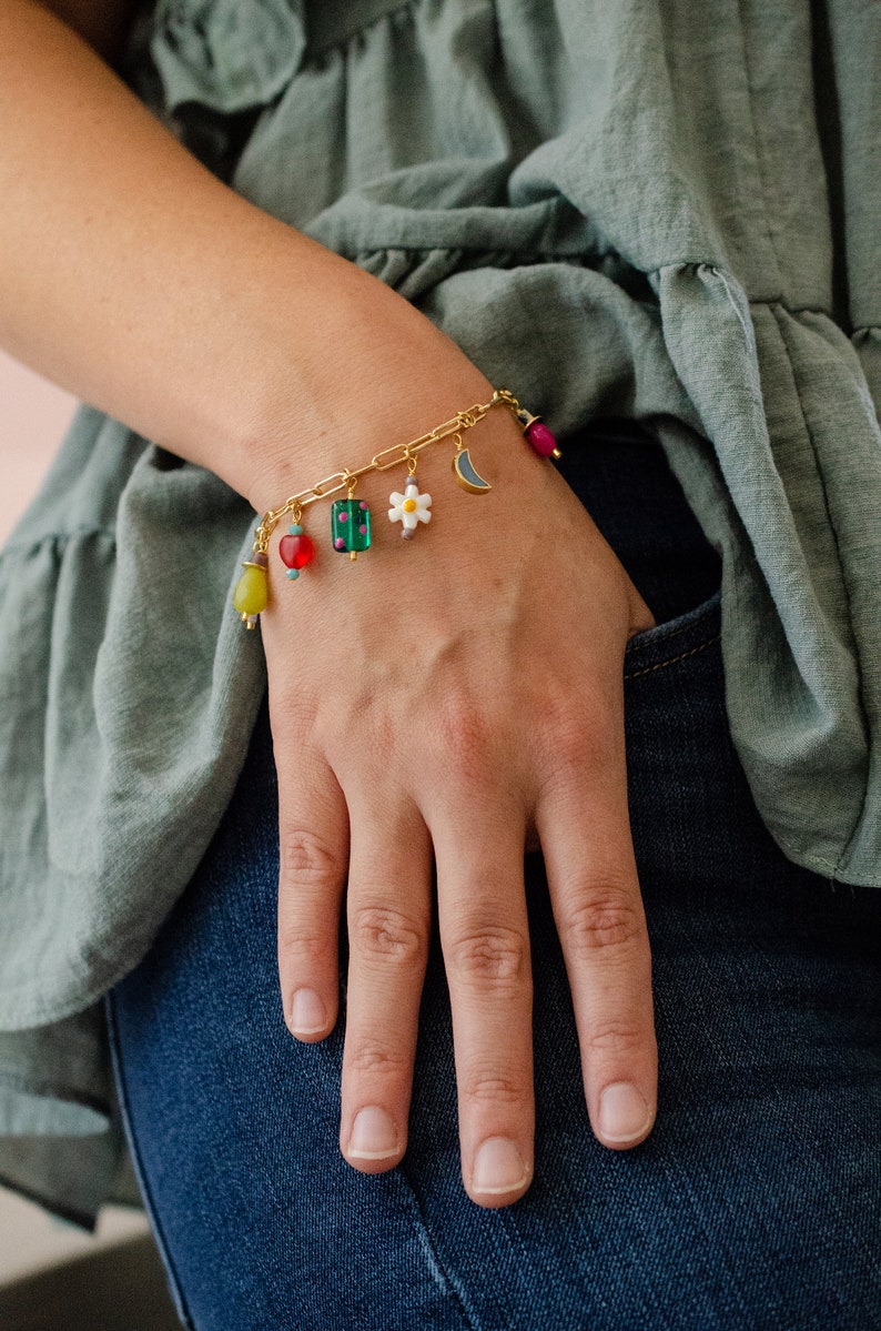 Colorful charm bracelet, gold charm bracelet, multi charm bracelet, handmade bracelet,Celestial charm Bracelet, Flower bracelet, moon charm 画像 2
