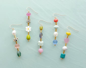 Beaded mis match earrings, mix and match earrings, colorful dangle earrings, gemstone earrings, flower earrings, gold filled earrings