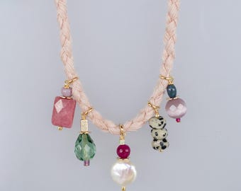Pink Cord Gemstone Charm Necklace, Beaded Charm Necklace, Colorful Gemstone Necklace, Pearl Charm Jewelry