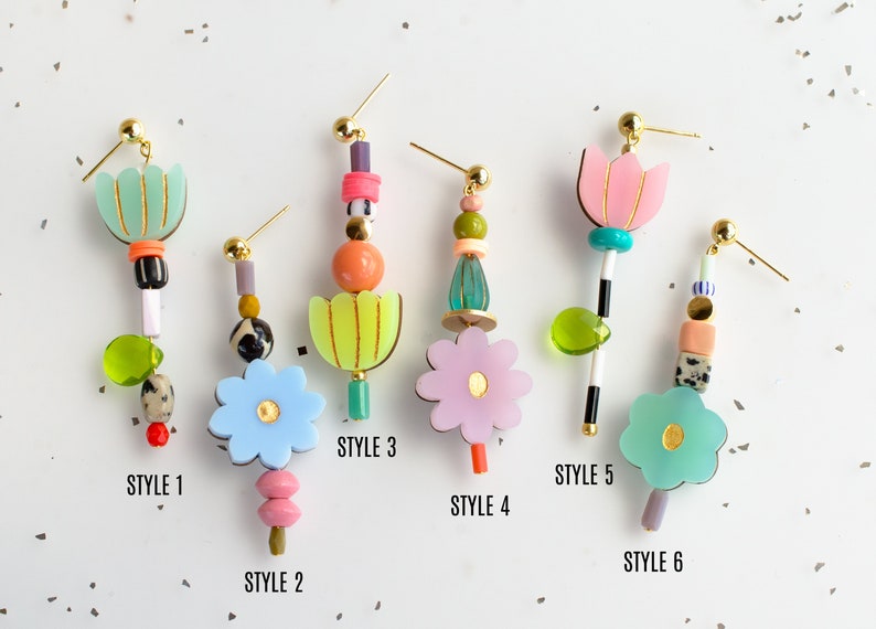 Flower beaded statement earrings, Mis-matched earrings, colorful dangle earrings, spring earrings, handmade earrings, acrylic earrings, image 2