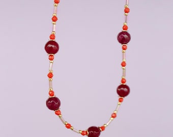Red and Pink Agate Gemstone Beaded Necklace